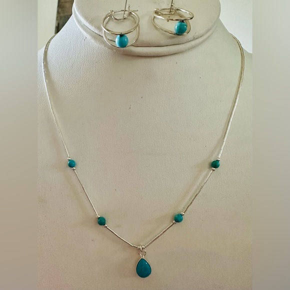 Mojave Turquoise Beaded Liquid Silver Necklace & perfectly matching Earrings NWT - Picture 5 of 14